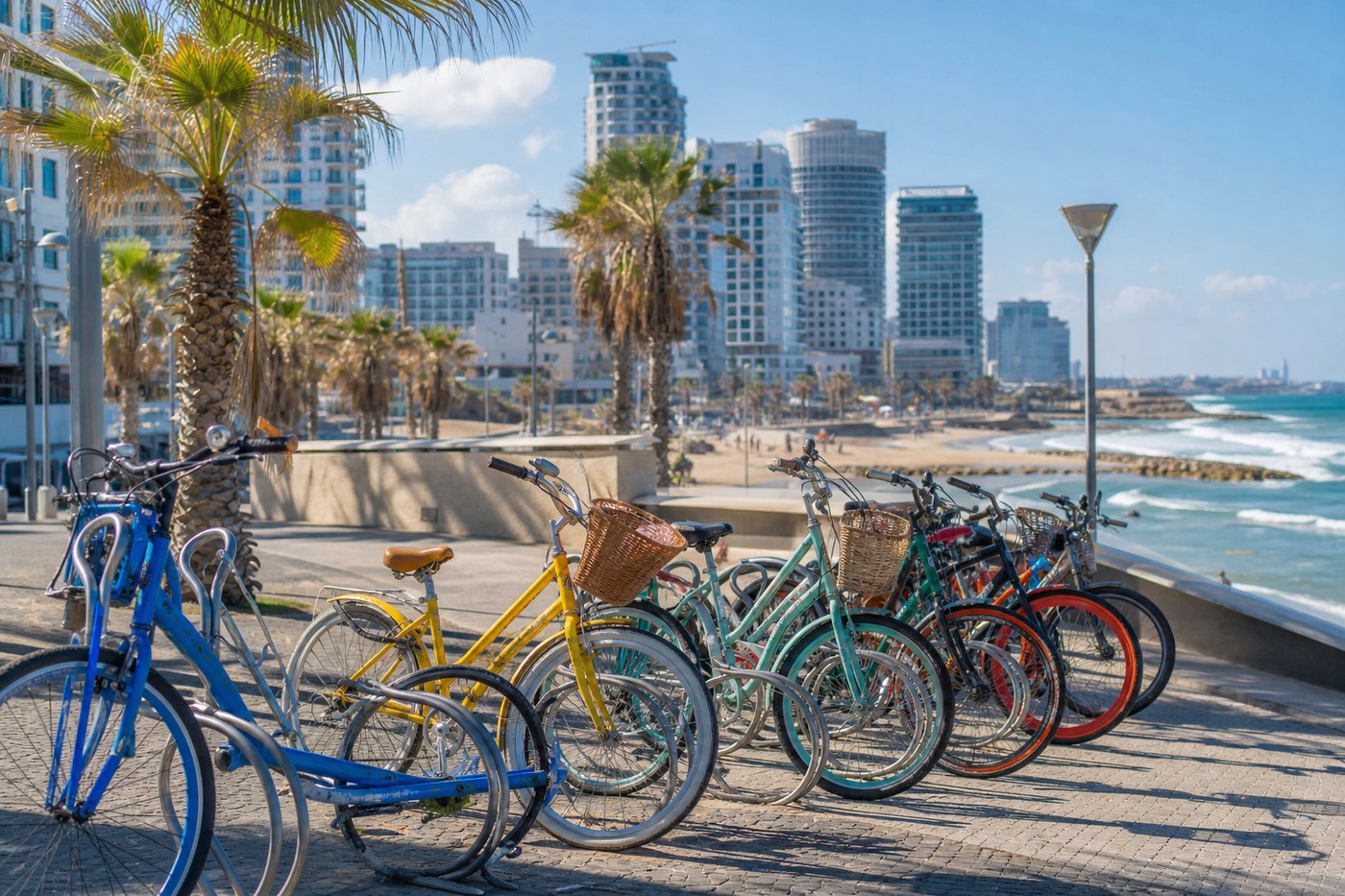 Cyclist riding along Tel Aviv's beachside promenade at sunrise
